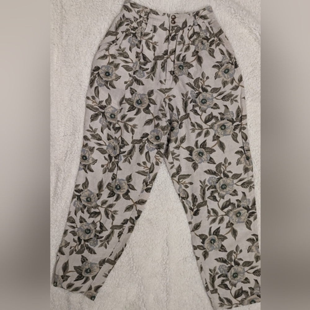 EUC vintage GAP linen pleated high rise cream blue floral pants